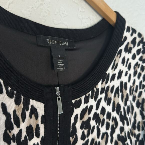 NEW WHBM Animal Print Full Zip Cardigan Sweater Office Preppy Black Trim Small - Picture 4 of 8